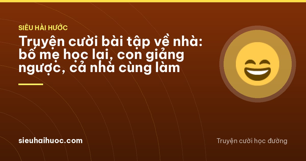 Vietnamese father and his young son bent over a homework notebook at a kitchen table at night, father frowning in concentration while the boy laughs, warm pendant lamp, top-down angle
