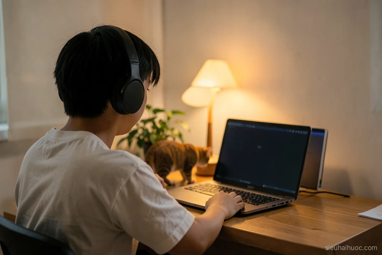Teenage Vietnamese student at a home desk with headphones, laptop turned away from camera, a cat strolling across the desk behind, warm lamp light, over-the-shoulder view