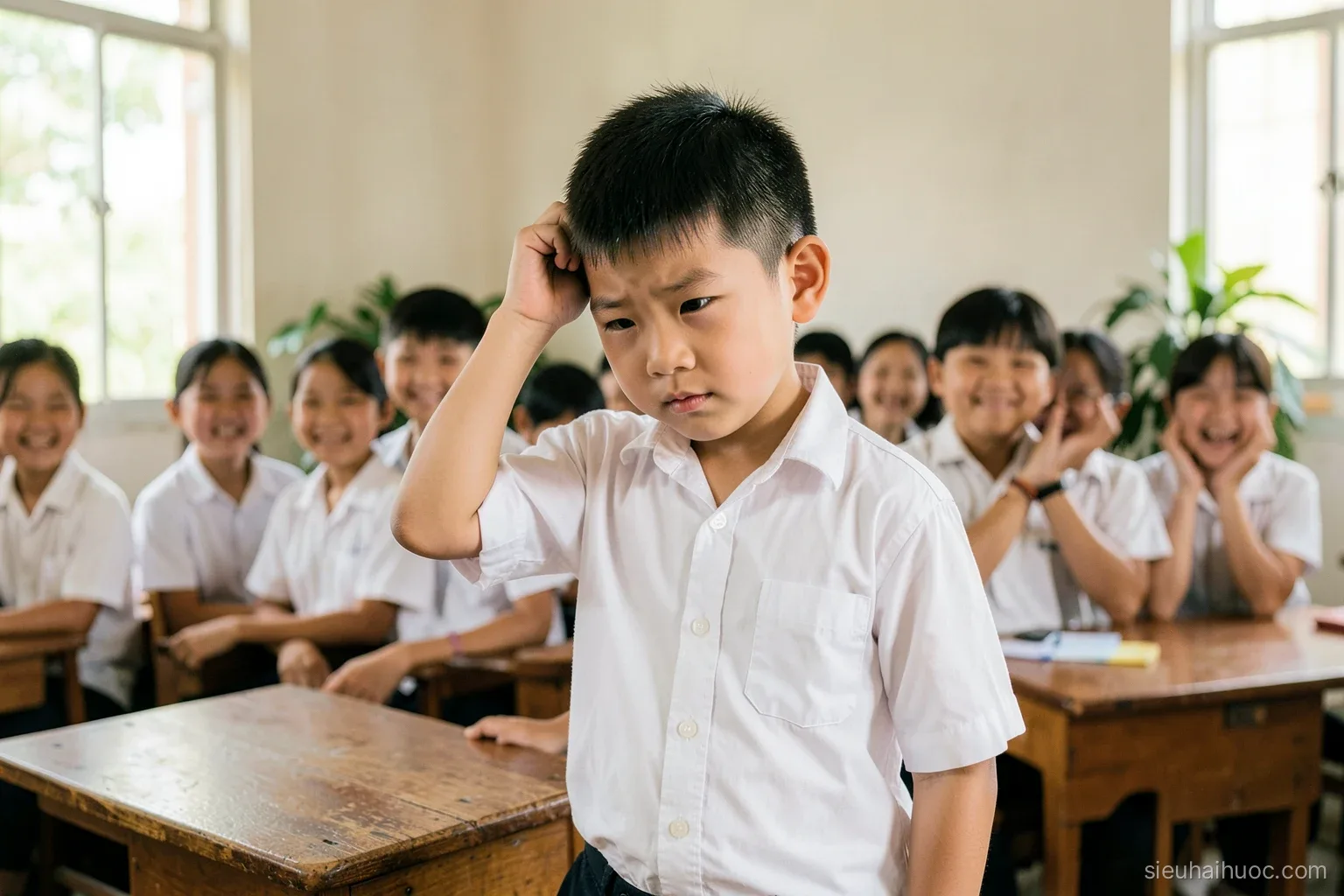 Primary school boy in a white shirt standing beside his wooden desk scratching his head sheepishly while classmates giggle behind their hands, sunny Vietnamese classroom, eye-level shot