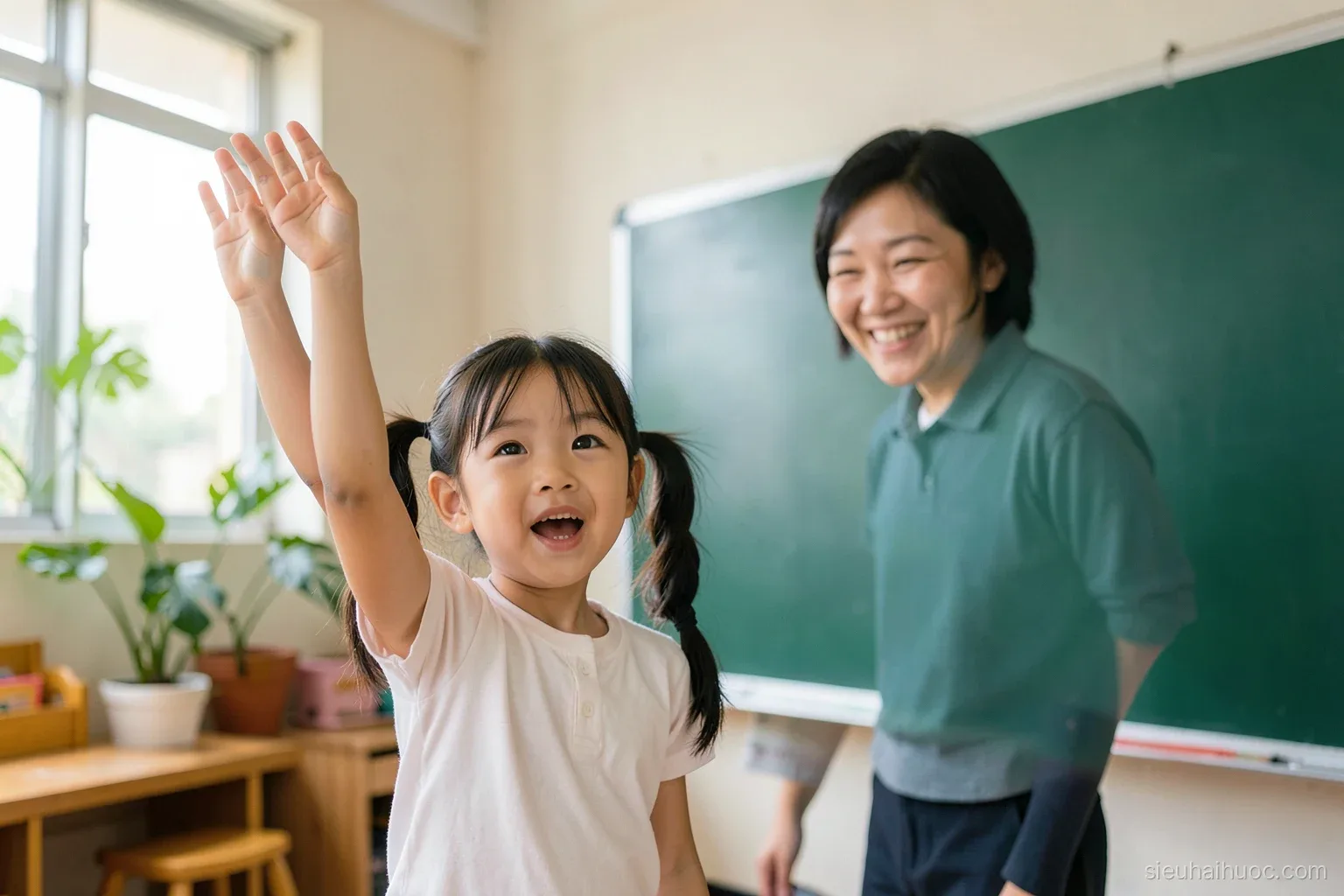 Little Vietnamese girl in pigtails raising her hand eagerly in a bright first-grade classroom, teacher smiling warmly beside a blank green board, soft morning light, low angle
