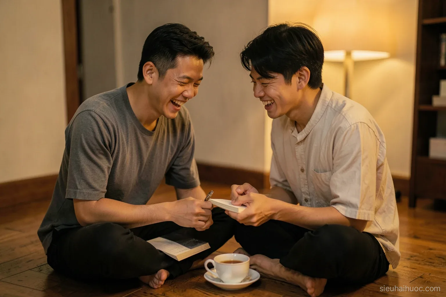 A young Vietnamese couple sitting on a wooden floor laughing over a small notebook, a cup of tea between them, warm evening lamp light, seen from the side