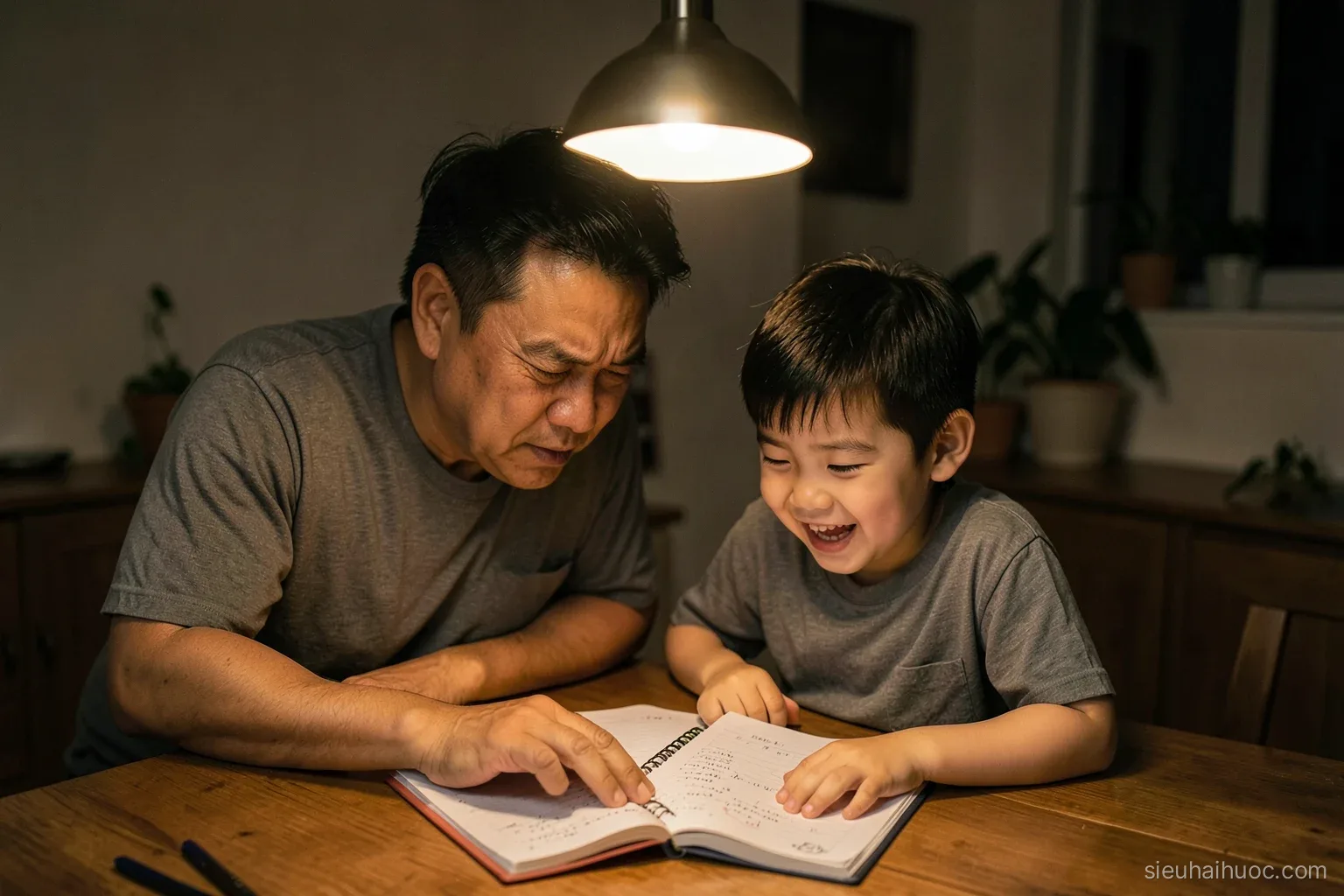 Vietnamese father and his young son bent over a homework notebook at a kitchen table at night, father frowning in concentration while the boy laughs, warm pendant lamp, top-down angle