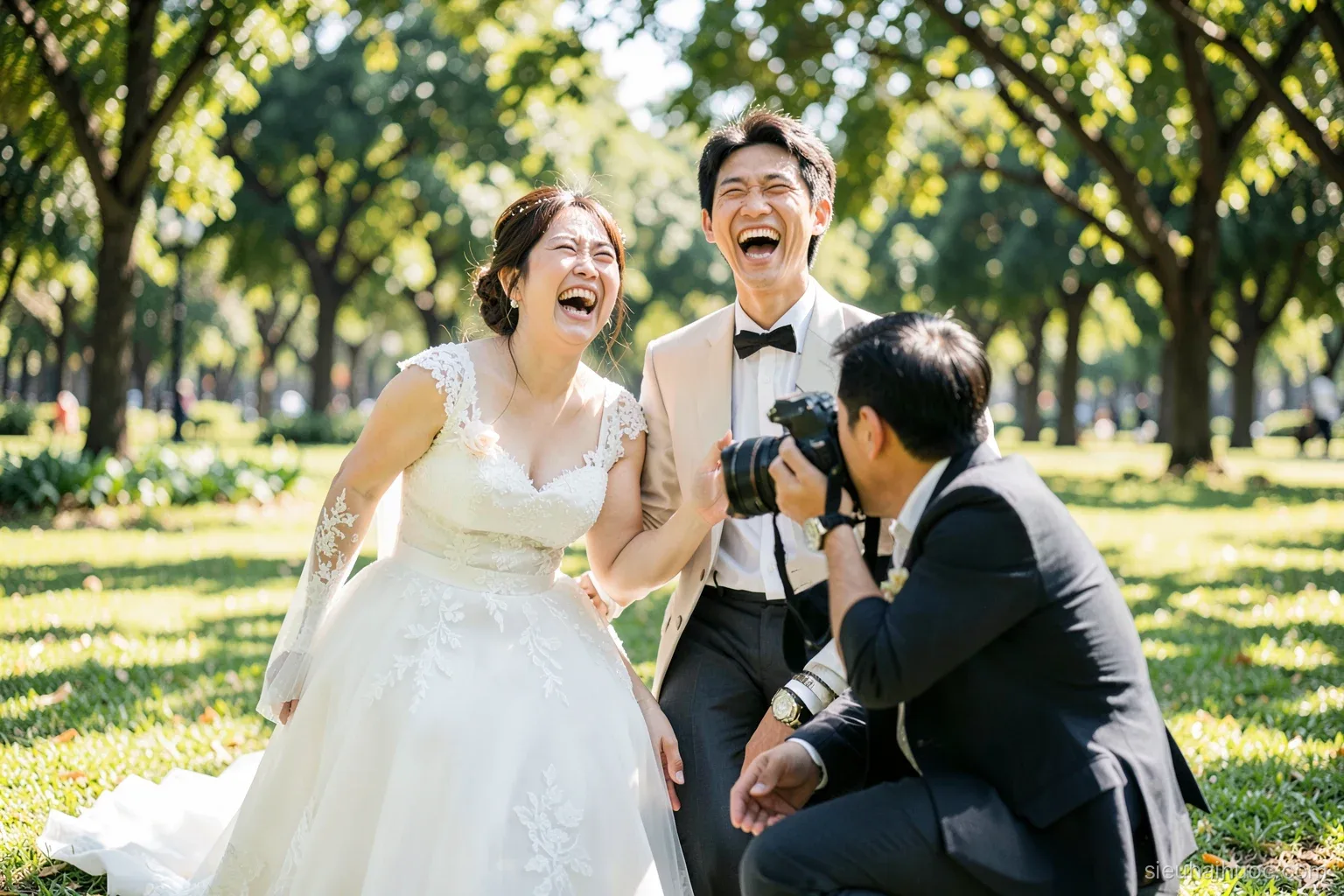 A Vietnamese bride and groom in wedding clothes laughing uncontrollably during a photo shoot in a sunny park, the photographer crouching in the foreground, candid wide shot