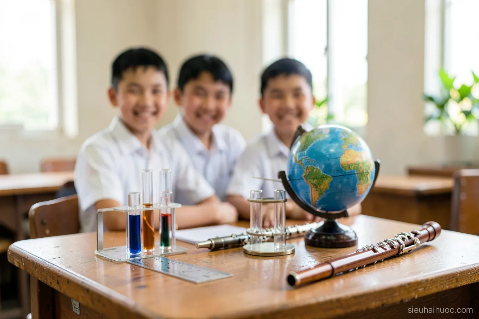 Close view of a Vietnamese secondary school desk with a protractor, a test tube rack, a small globe and a recorder flute, two students grinning in soft focus behind, bright daylight