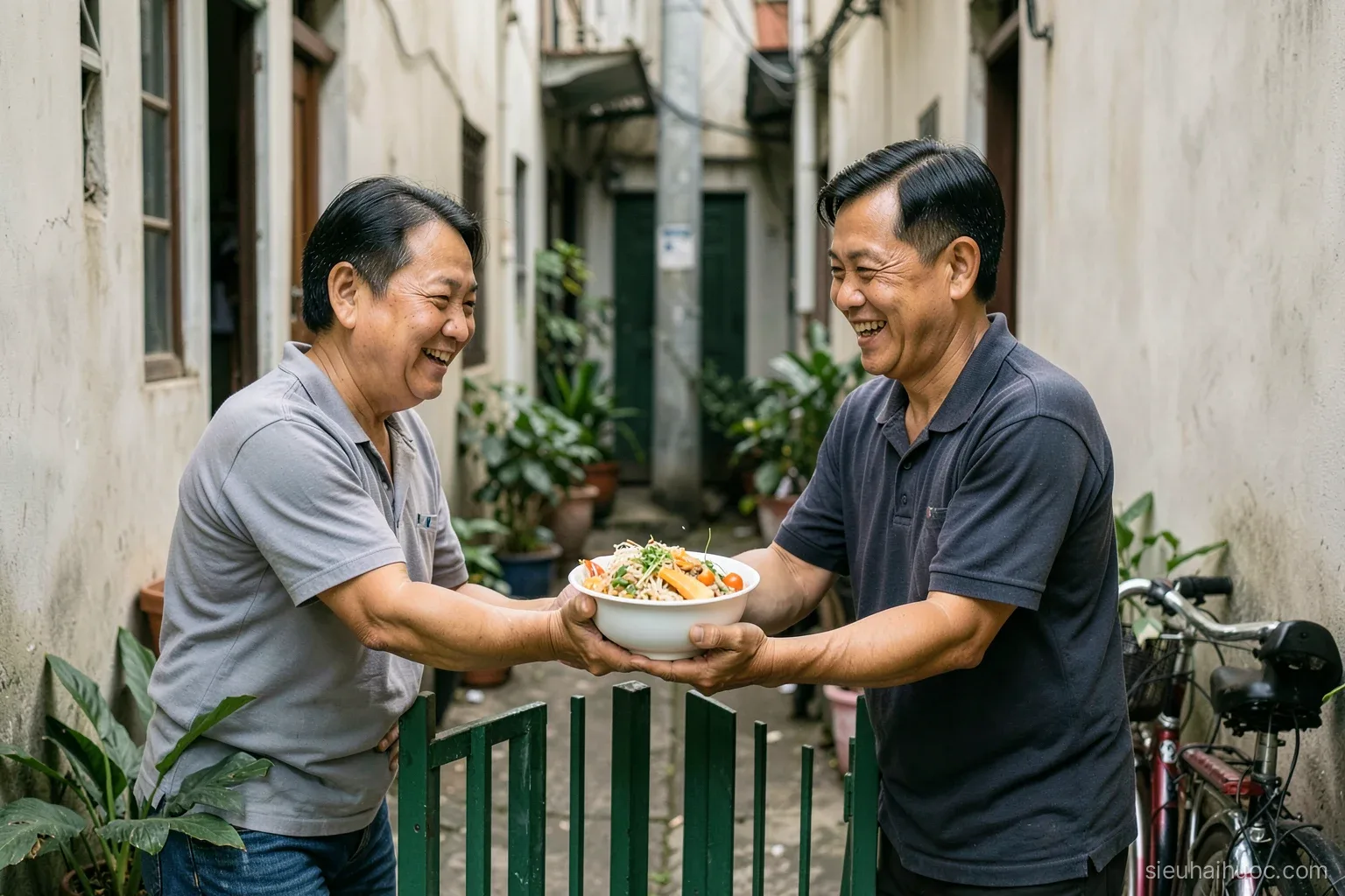 Two Vietnamese neighbors handing a covered bowl of food over a low green gate in a narrow alley, both smiling, potted plants and bicycles nearby, early morning light