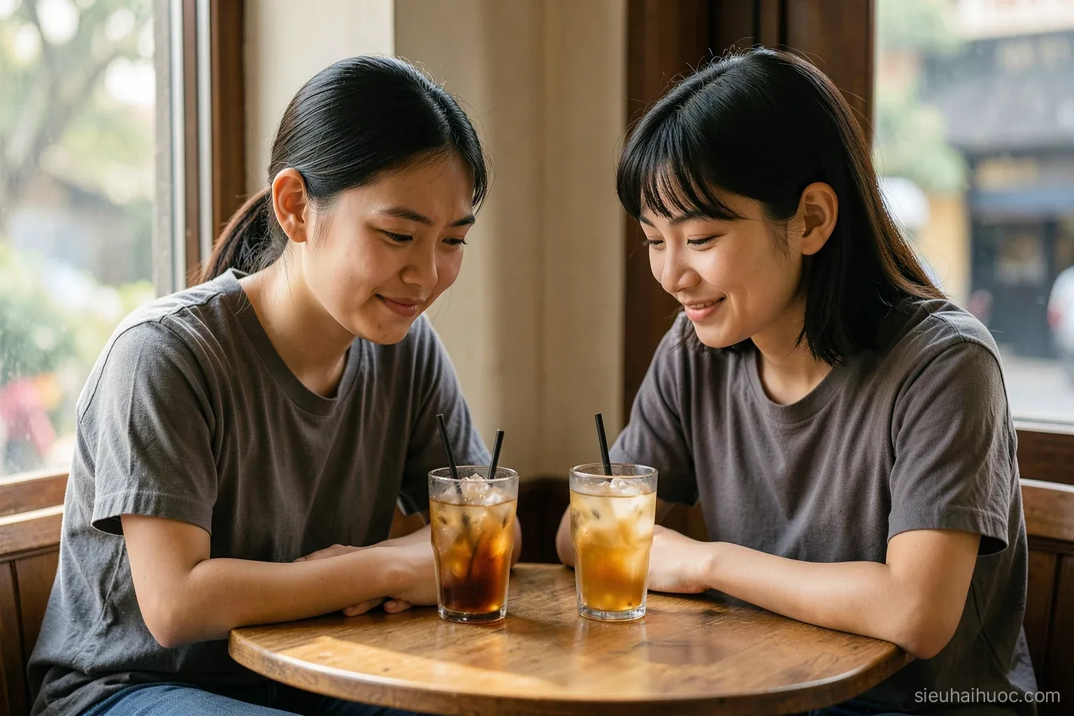 Two young Vietnamese people sitting across a small cafe table by a window, both looking down shyly with nervous smiles, iced drinks untouched, afternoon light, medium shot