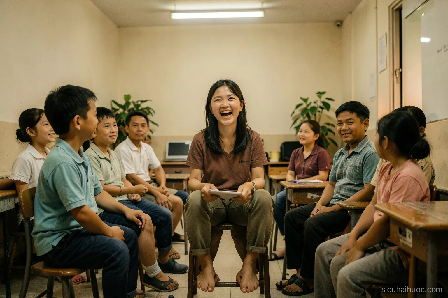 Vietnamese parents sitting on small student chairs in a primary classroom during an evening meeting, knees raised awkwardly, a young female teacher laughing at the front, warm fluorescent light