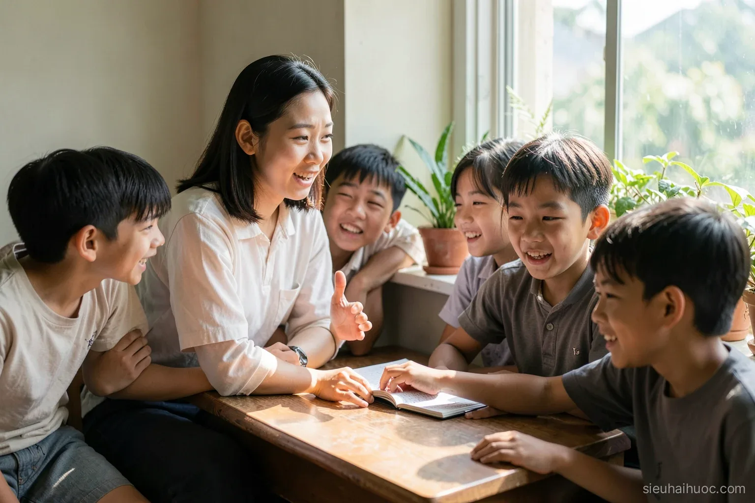 Young Vietnamese female teacher sitting on the edge of her desk telling a story, students leaning forward with amused faces, potted plants on the windowsill, morning light, medium shot