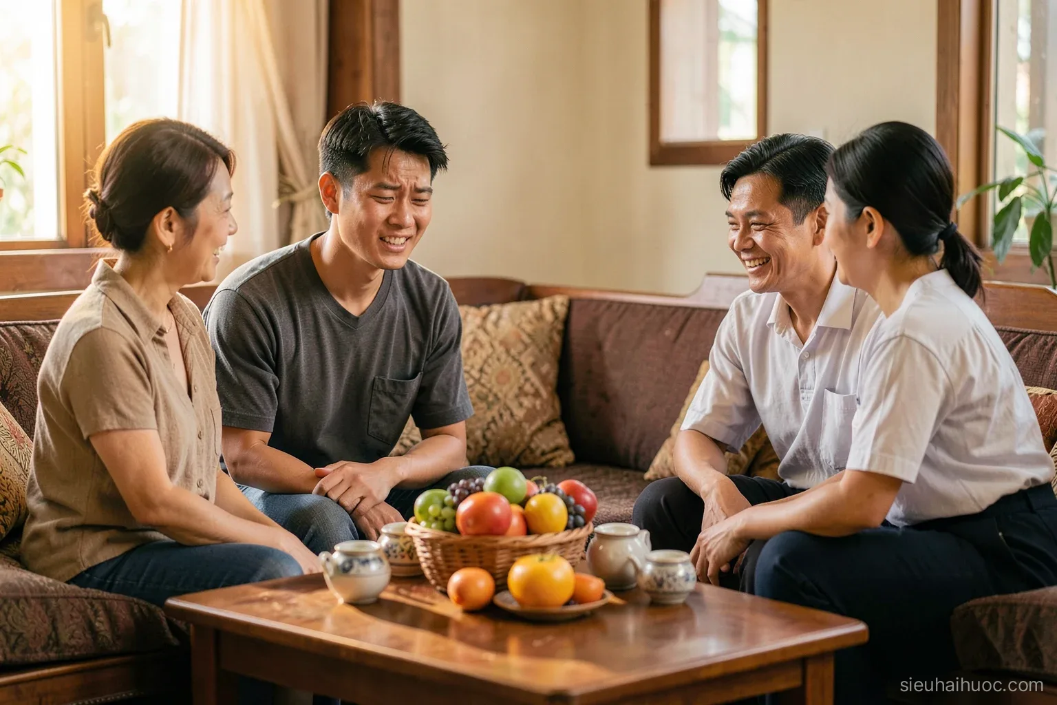 A nervous young Vietnamese man sitting on a wooden sofa in a family living room, parents across a low tea table smiling, a fruit basket in front, warm afternoon light