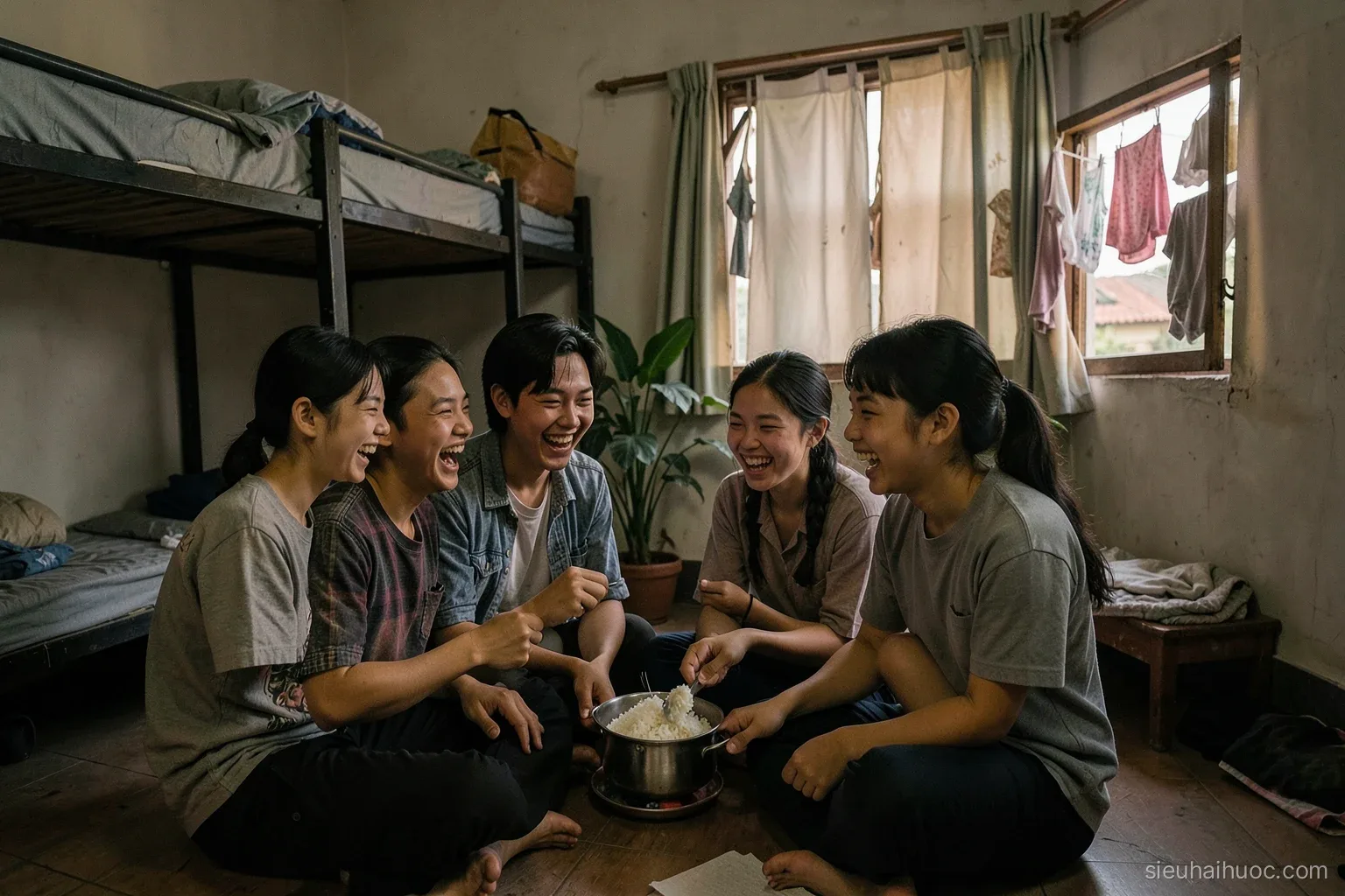 Cramped Vietnamese university dormitory room with bunk beds, four young students sitting on the floor sharing a pot of rice and laughing, laundry hanging by the window, evening light