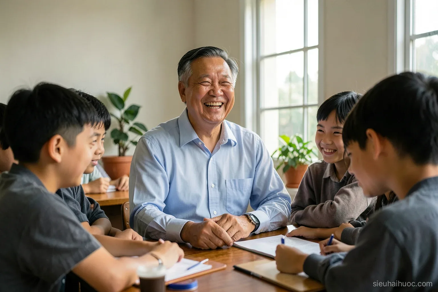 Middle-aged Vietnamese male teacher in a pale blue shirt laughing with teenage students gathered around his desk after class, wide shot, afternoon light through tall windows