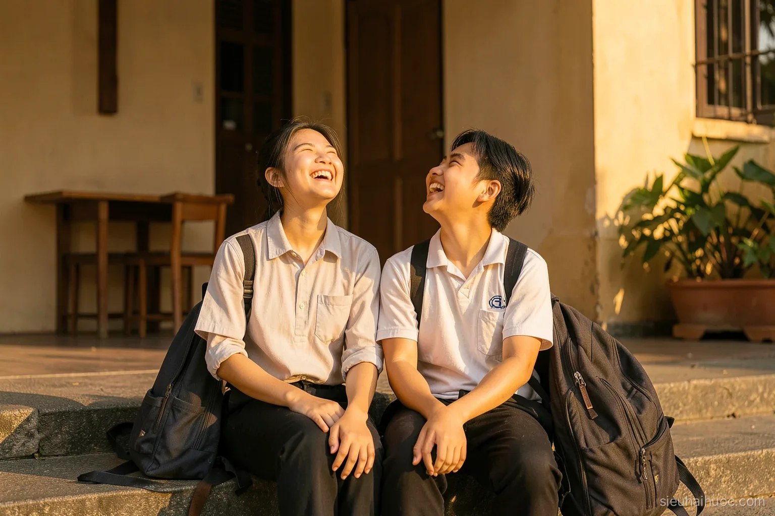 Two Vietnamese high school students sitting on stone steps outside a school building after an exam, one laughing with head thrown back, backpacks beside them, golden late afternoon light