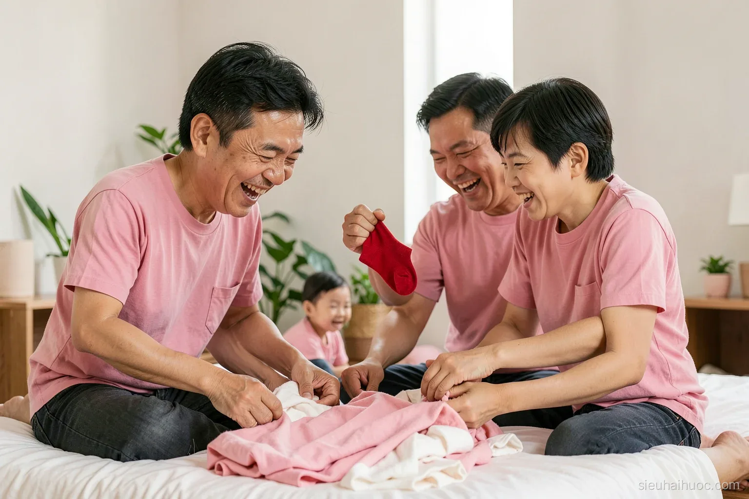 A Vietnamese family of four in matching pink t-shirts folding laundry together on a bed, a red sock held up by the father, everyone laughing, soft daylight